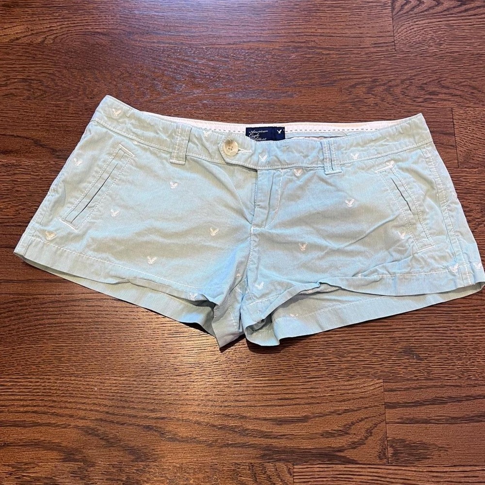 y2k american eagle blue and white pinstripe low rise jean shorts size 4